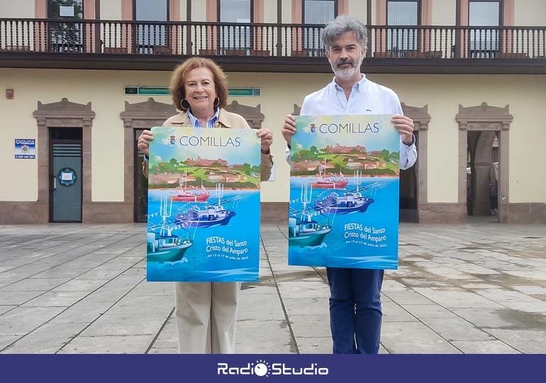 La alcaldesa, María Teresa Noceda Llano, presenta el cartel de las Fiestas del Cristo 2024 junto al concejal de Festejos, Pedro Velarde